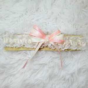 Lace Bridal Garter Ivory Pink Pearl Wedding Keepsake Stretch